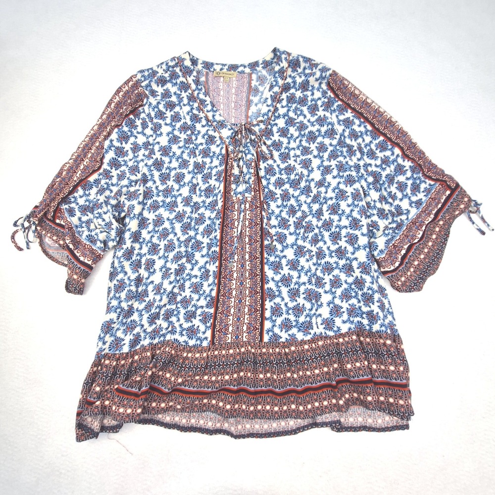 Democracy Blouse Womens 2X Blue Floral Boho Peasant Festival Tie Neck Top